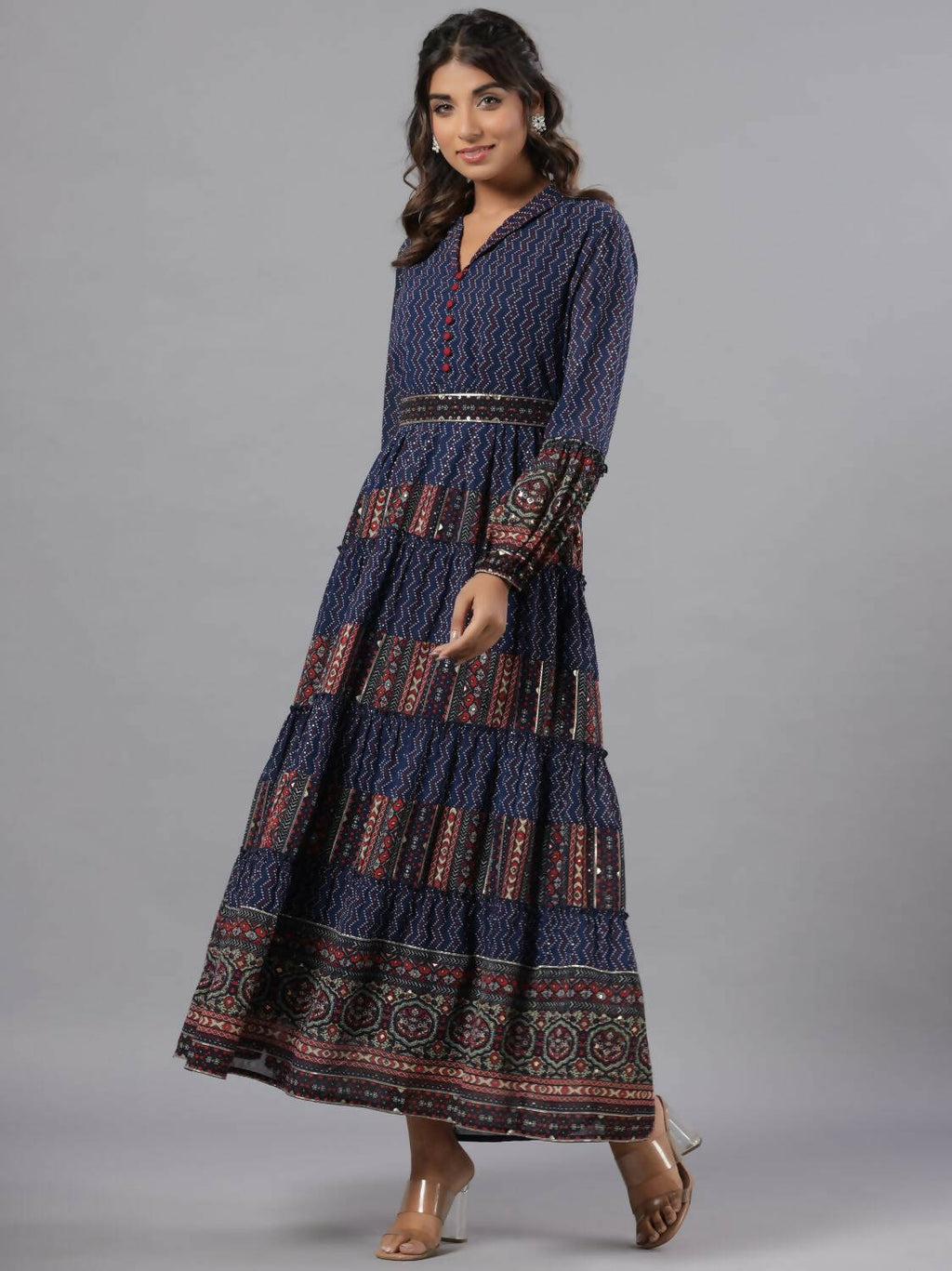 Juniper Women Navy Blue Georgette Printed Tiered Maxi Dress | Grocsy