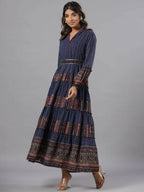 Juniper Women Navy Blue Georgette Printed Tiered Maxi Dress | Grocsy