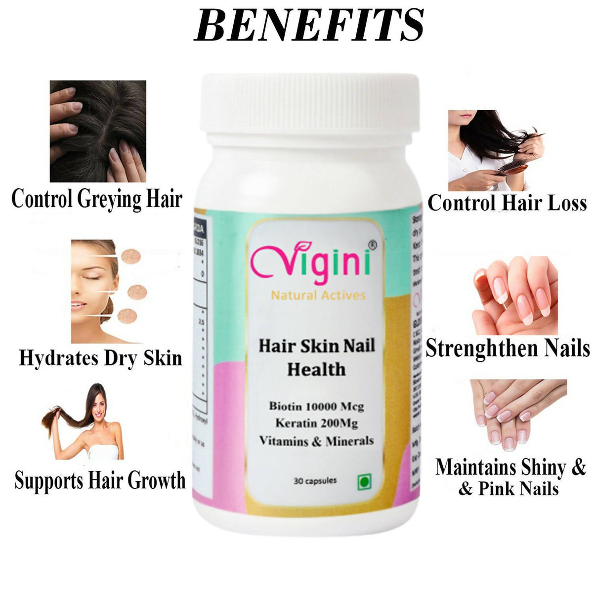 Vigini Natural Active Hair Skin Nail Health Capsules for Men Women | Grocsy