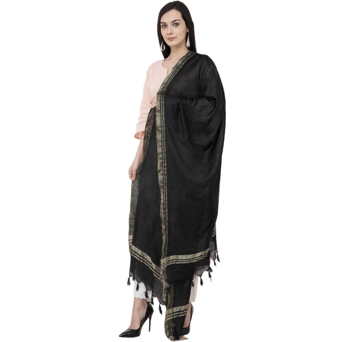 A R Silk Golden Border Regular Dupatta Color Black Dupatta or Chunni | Grocsy