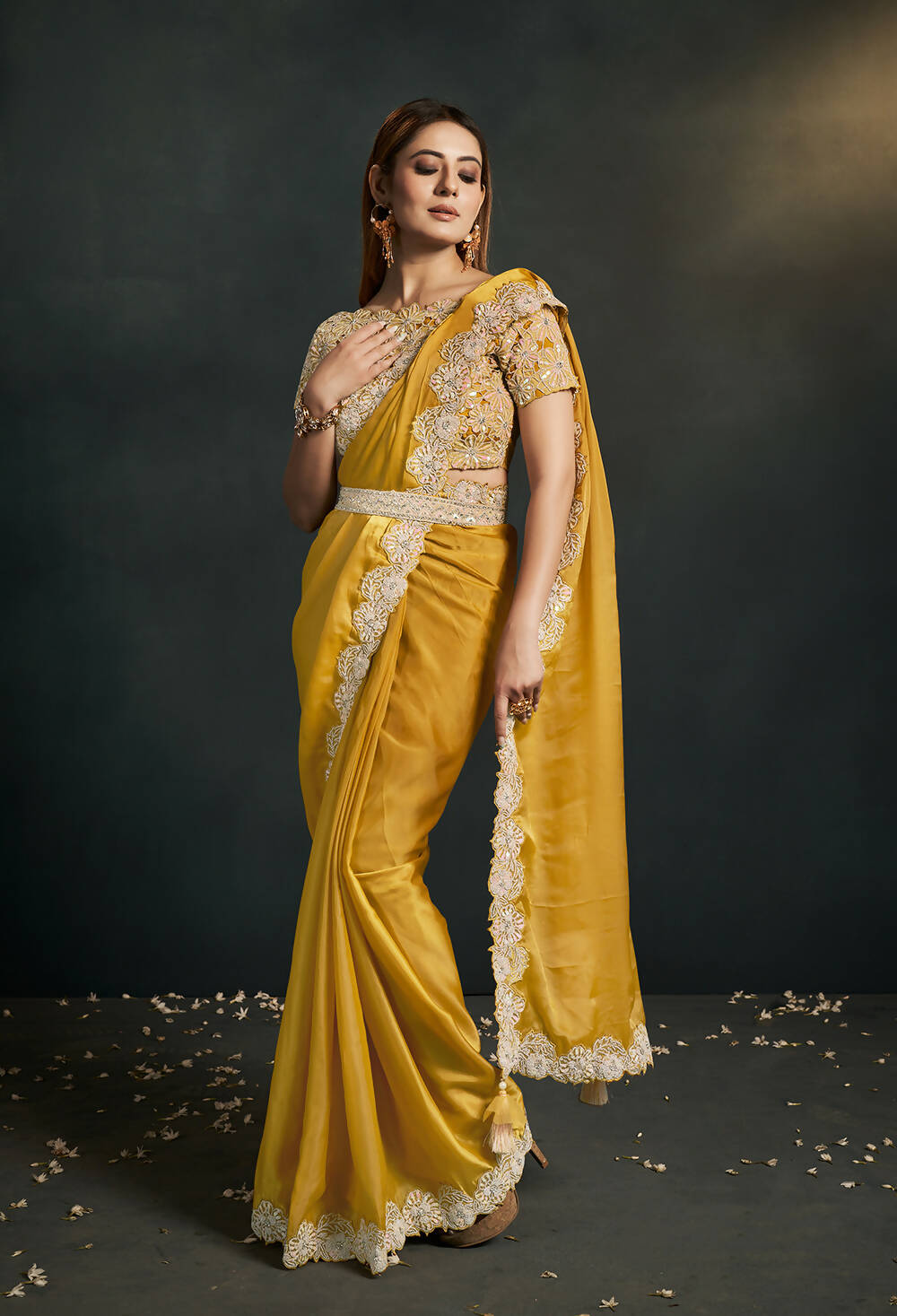 Mustard Organza Silk Crepe Cord Sequence & Thread Embroidered & Stone Work Saree - Moh-Manthan Royal Enigma | Grocsy