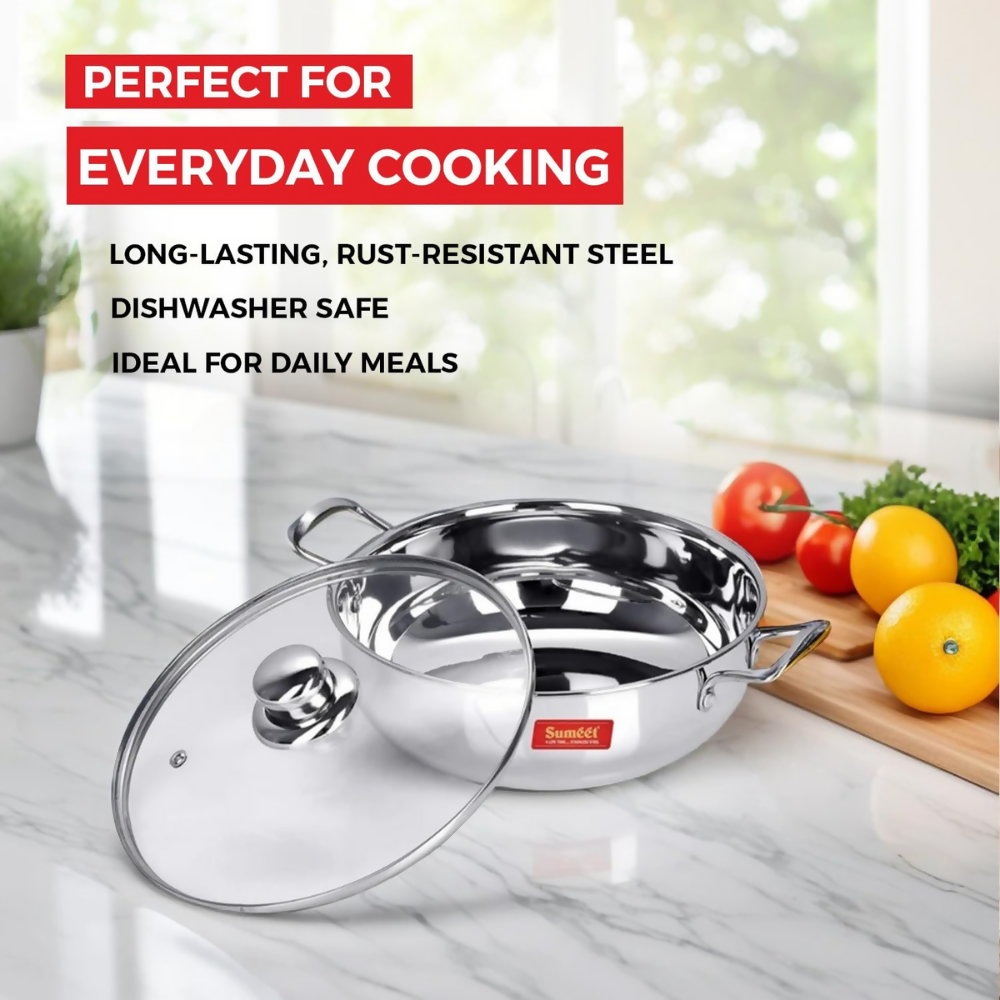 Sumeet Stainless Steel Induction Bottom Kadhai with Glass Lid | Grocsy