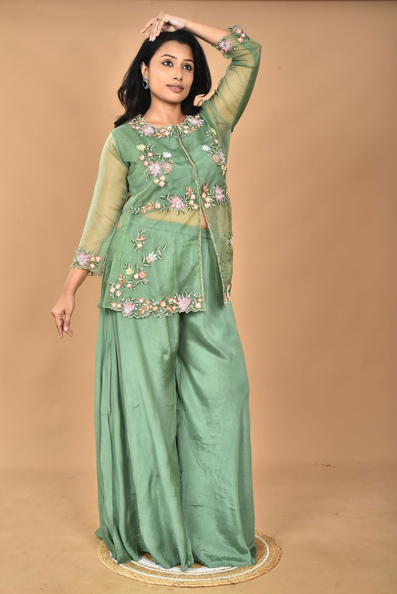 Morchari Women And Hand Embroidery Palazzo Set-Green | Grocsy