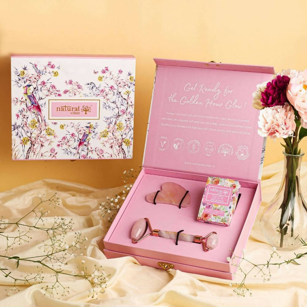 Natural Vibes Glow Getter Gift Set with Rose Quartz Face Roller, Rose Quartz Gua Sha and Nirvana Flower Oil | Grocsy