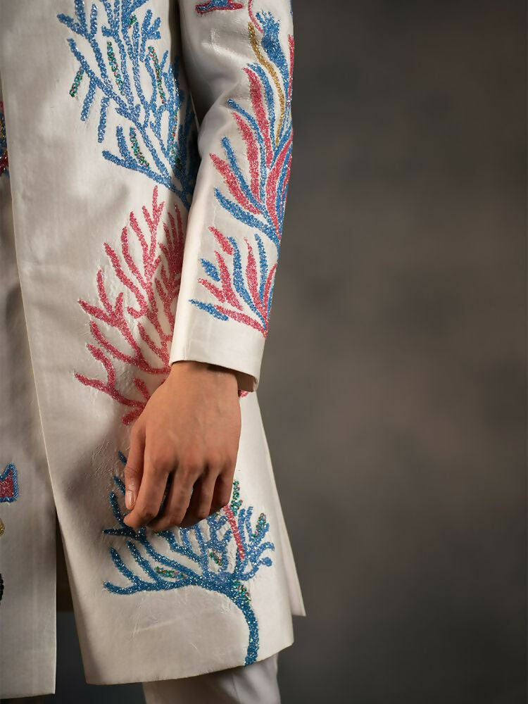 Off White Aqua Hand Embroideried Indowestern Sherwani by Hilo Design | Grocsy