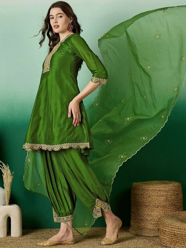 The52 Women's Beautiful Embroidery Work Vichitra Fabric A-line Kurta Pant and Dupatta Set | Grocsy