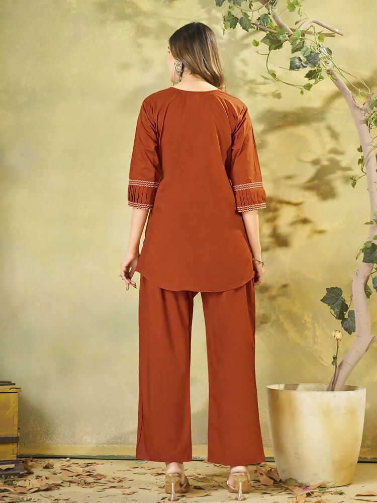 Teeya Creation Orange Embroidered Cotton Co-ord Set for Women | Grocsy