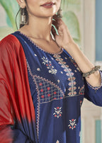 Jyoti Fashion Women's Blue Pure Viscose Weaving Stripe with Embroidery Kurta Set | Grocsy