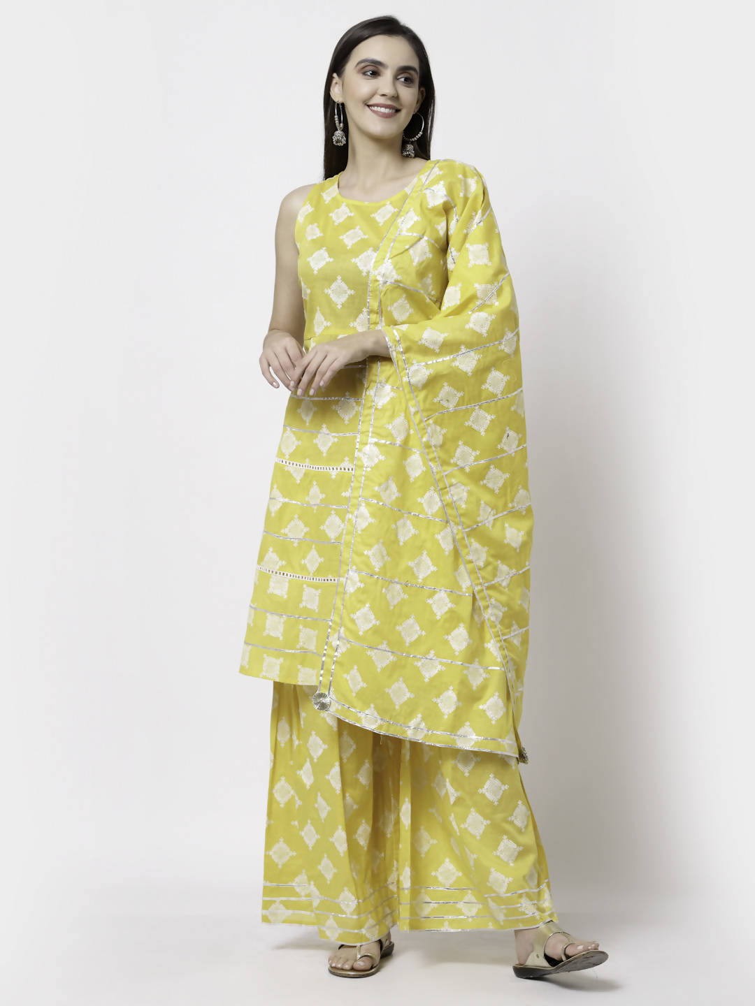 Myshka Yellow Pure Cotton Printed Sleeveless Round Neck Kurta Palazzo Dupatta Set | Grocsy