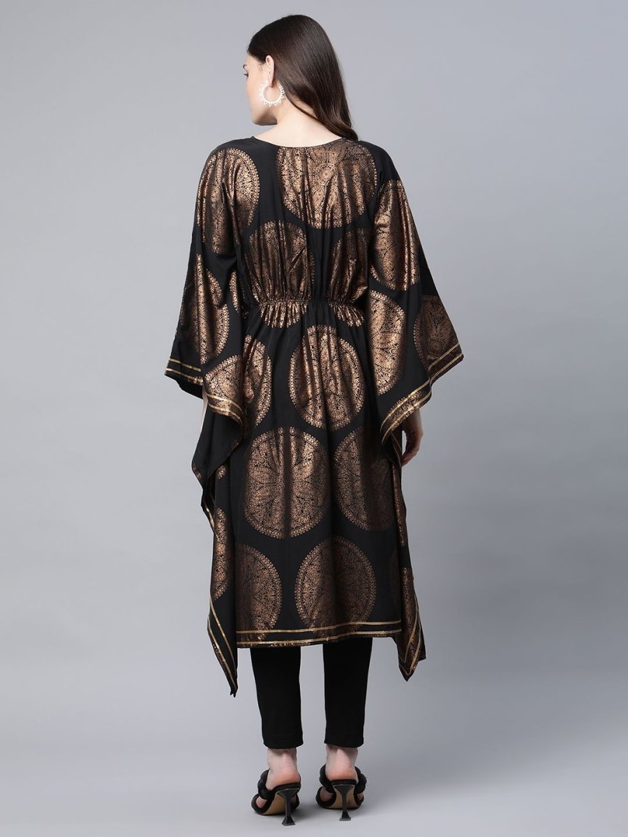 Ahalyaa Women Black Crepe Copper Foil Printed Flared Sleeve Kaftan Kurta | Grocsy