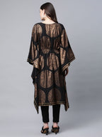 Ahalyaa Women Black Crepe Copper Foil Printed Flared Sleeve Kaftan Kurta | Grocsy