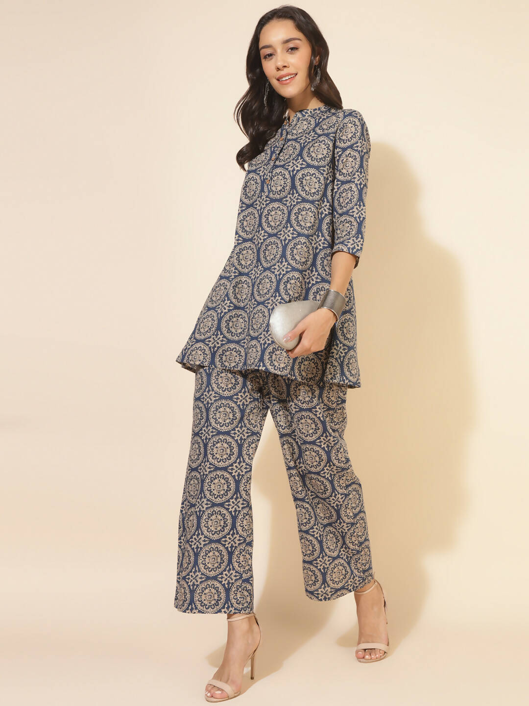 Janasya Women's Blue Cotton Ethnic Motifs Casual Regular Co-ords | Grocsy