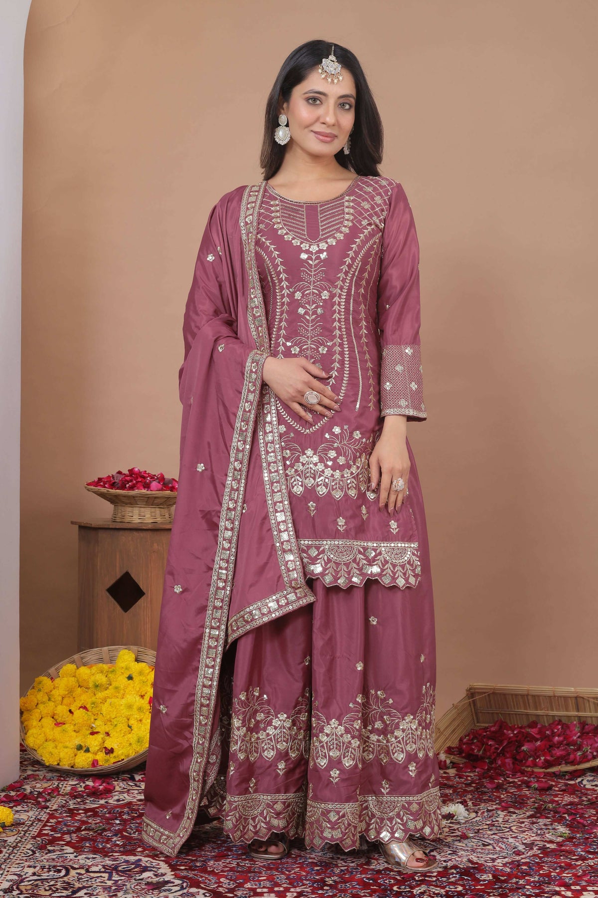 Lehenga Mart Designer Sharara Suit With Kurta, Sharara, Dupatta For Women-Mauve | Grocsy