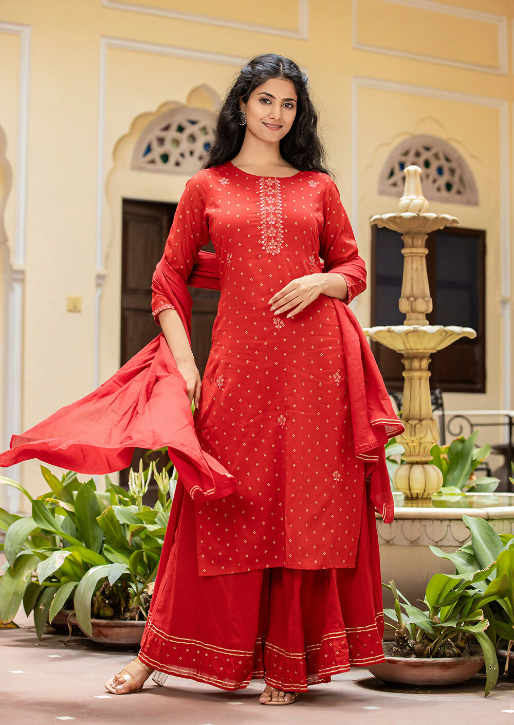 Kaajh Women's Red Gold Printed Cotton Kurta Sharara With Dupatta Set | Grocsy