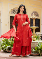 Kaajh Women's Red Gold Printed Cotton Kurta Sharara With Dupatta Set | Grocsy