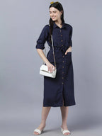 Myshka Women Navy Blue Yellow Printed Shirt Dress | Grocsy