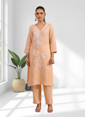 Joban Fashion Coral Linen Embroidered Readymade Long Kurta With Pant | Grocsy
