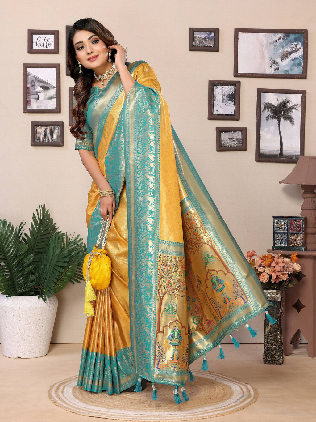 Aastha Fashion Yellow Tissue Silk Weaving Saree | Grocsy