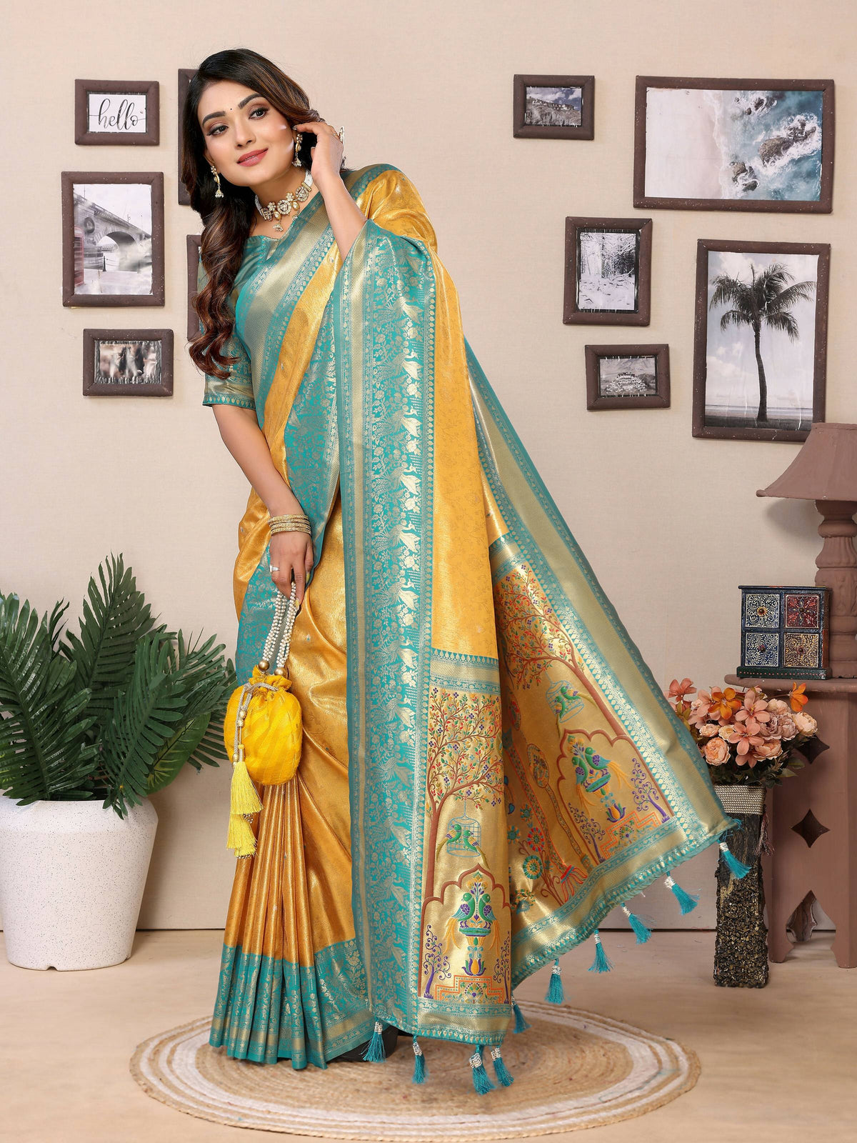 Aastha Fashion Yellow Tissue Silk Weaving Saree | Grocsy