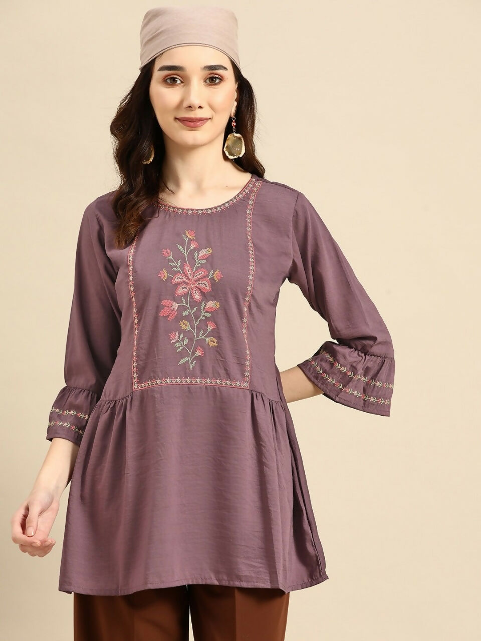Women's Purple Viscose blend Embroidered Short Top - Marina | Grocsy