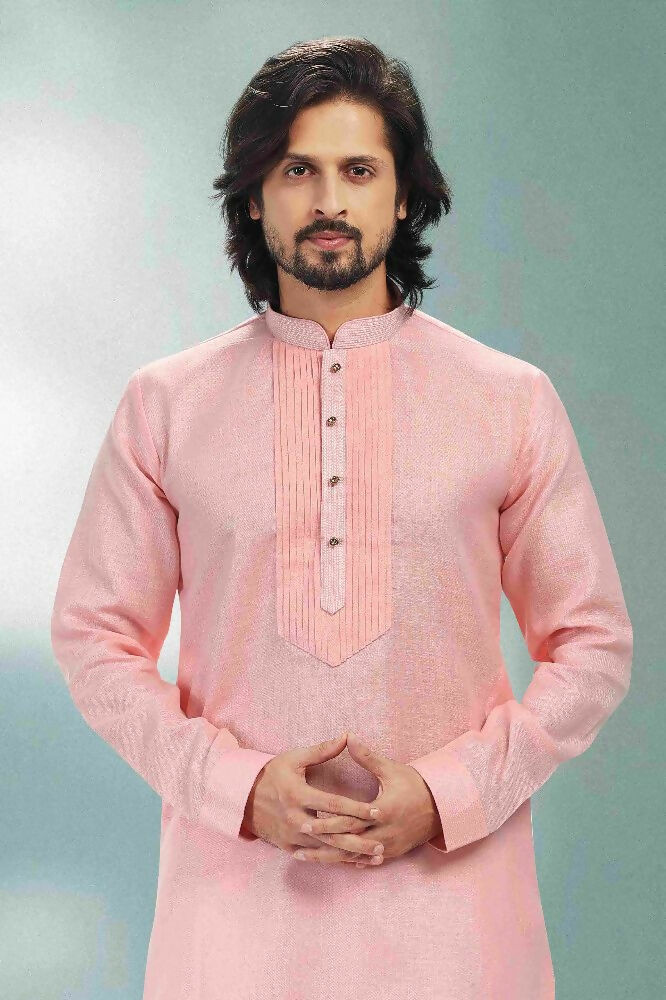 Raivat Ethnic Linen Cotton Pintux Work Kurta Pajama In Pink Colour | Grocsy