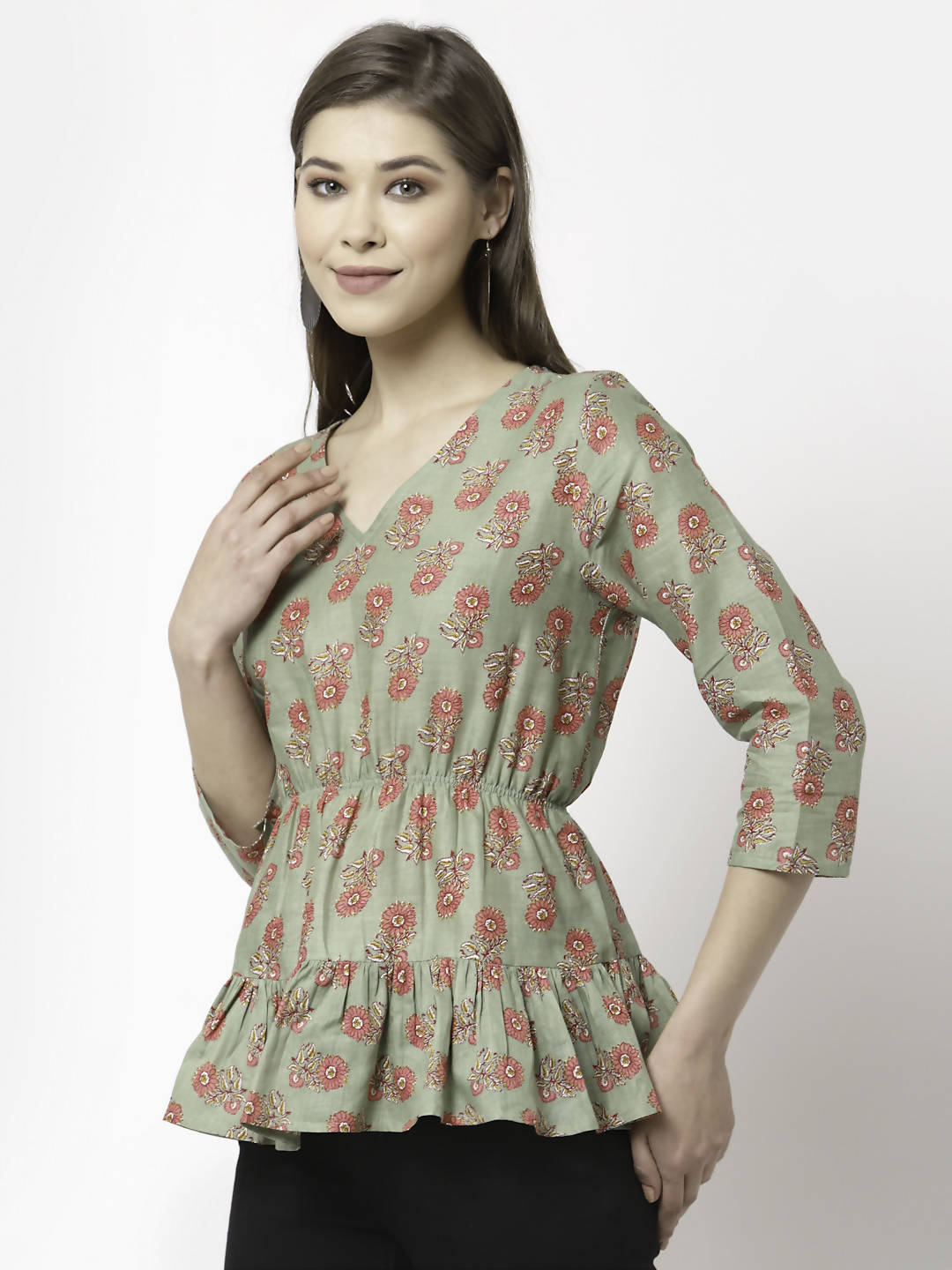 Myshka Printed 3/4 Sleeve V-Neck Casual Pure Cotton Green Top For Women | Grocsy