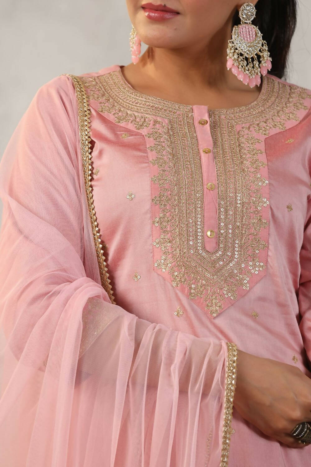 Juniper Women Peach Embroidered Kurta, Pants and Dupatta Set | Grocsy