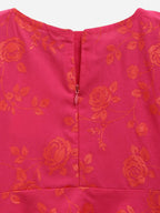 Ahalyaa Dark Pink Crepe Khari Print kids Dress Attached Jacket For Girls | Grocsy