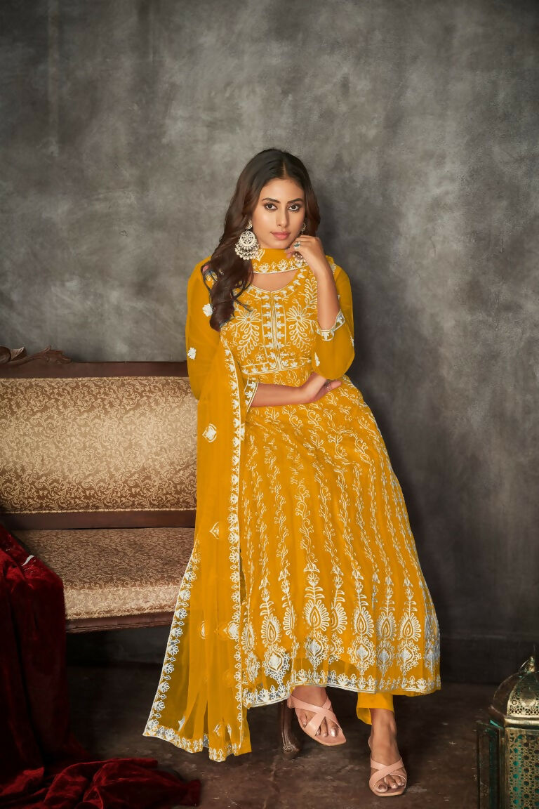 Jyoti Fashion Women's Yellow Net Embroidered Anarkali Kurta Pant Set With Dupatta | Grocsy