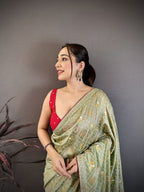 Elora Sage Green Vichitra Silk Animal Motifs Foil Print Sequence Embroidery Work Bandhani Saree | Grocsy
