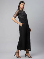 Ahalyaa Womens Black Crepe & Net Glitter Print Jumpsuit | Grocsy