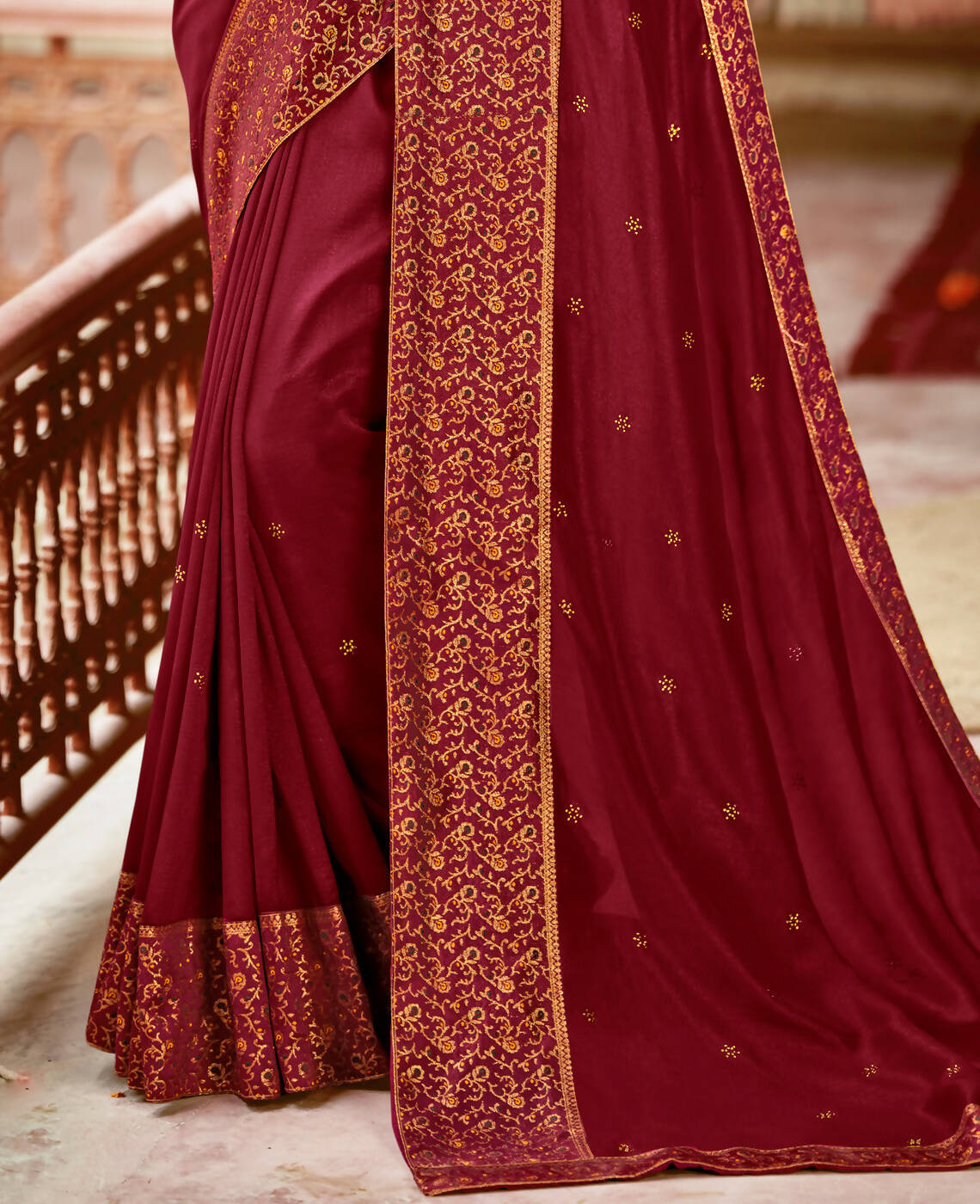 Maroon Vichitra Stone Work Saree With Unstitched Blouse Piece - Rosy | Grocsy
