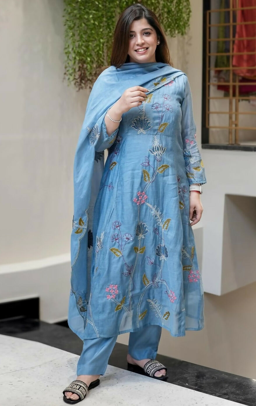 The52 Blue Women's Beautiful Cotton Fabric Thread Work Straight Kurta, Pant and Dupatta Set | Grocsy