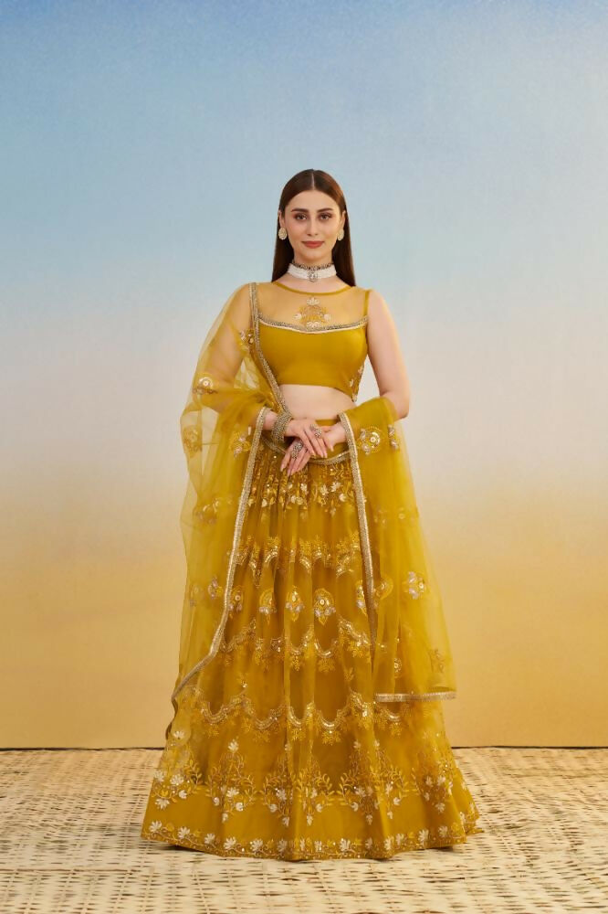 Aastha Fashion Mustard Yellow Butterfly Net Tone To Tone Cotton Thread Work And Sequence Work Embroidery Wedding Wear Lehenga Choli | Grocsy