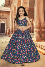 Aayaa Designer Printed Silk Blue Kids Lehenga Choli - Blue | Grocsy
