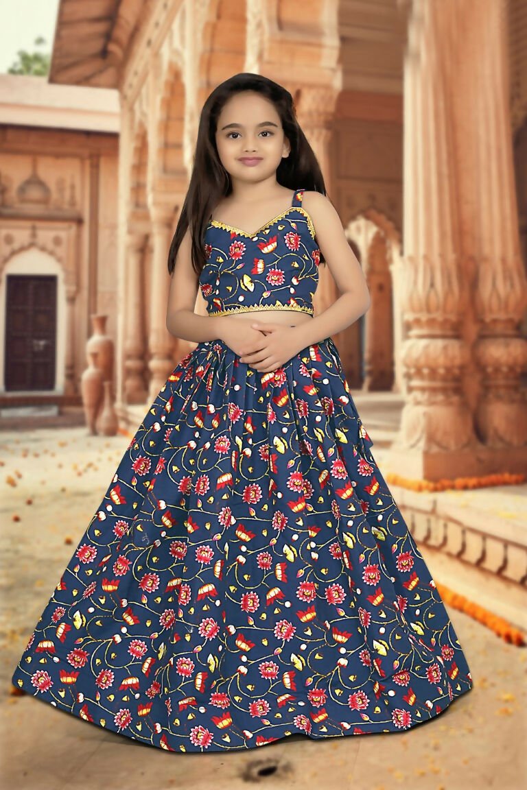 Aayaa Designer Printed Silk Blue Kids Lehenga Choli - Blue | Grocsy