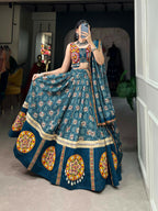 Vastranavya Navaratri Special Pure Rayon Printed With Foil Work And Gamthi Patch Work With Lace Touch Up Lehenga with Stitched Blouse - Teal | Grocsy
