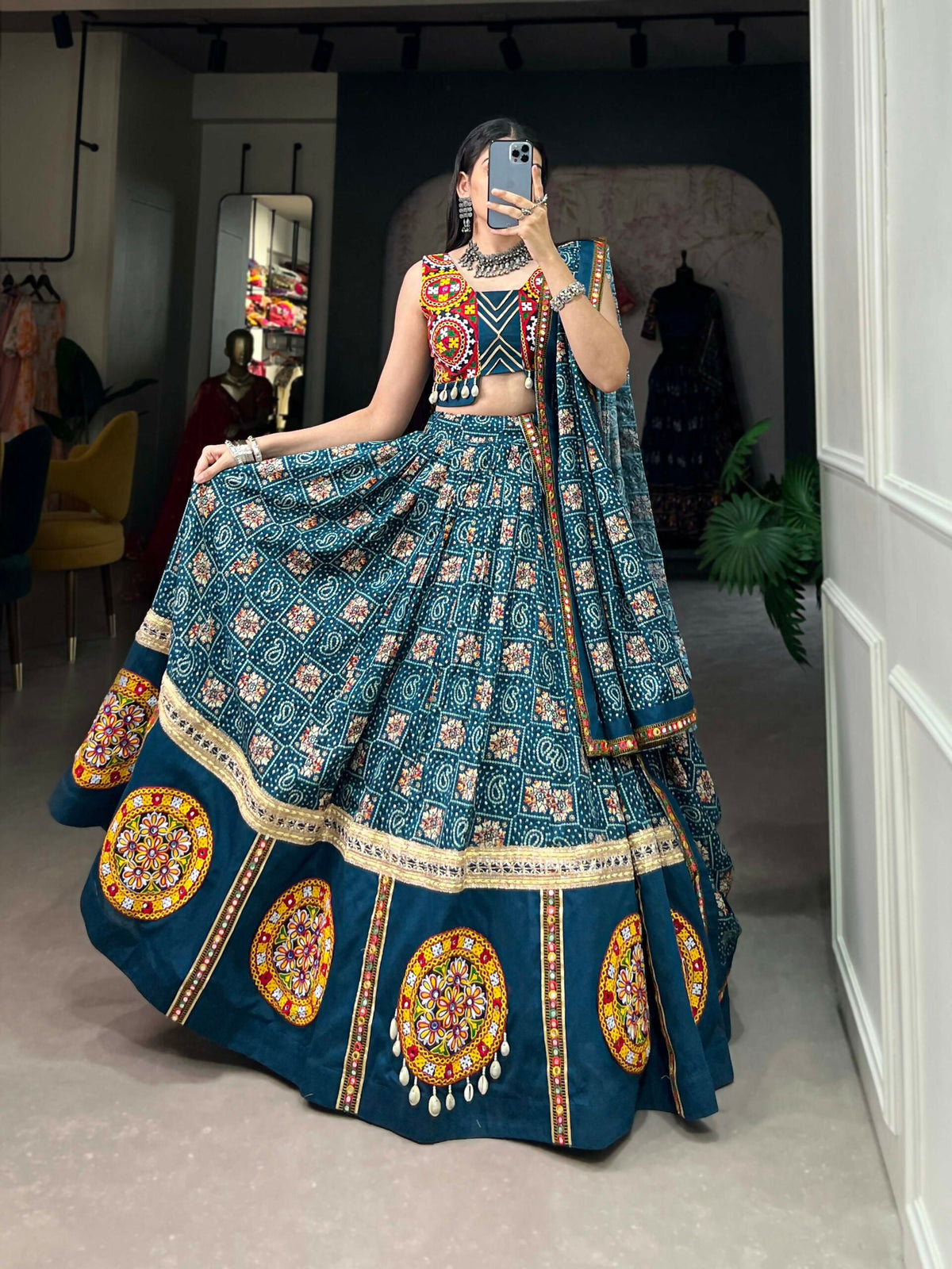 Vastranavya Navaratri Special Pure Rayon Printed With Foil Work And Gamthi Patch Work With Lace Touch Up Lehenga with Stitched Blouse - Teal | Grocsy
