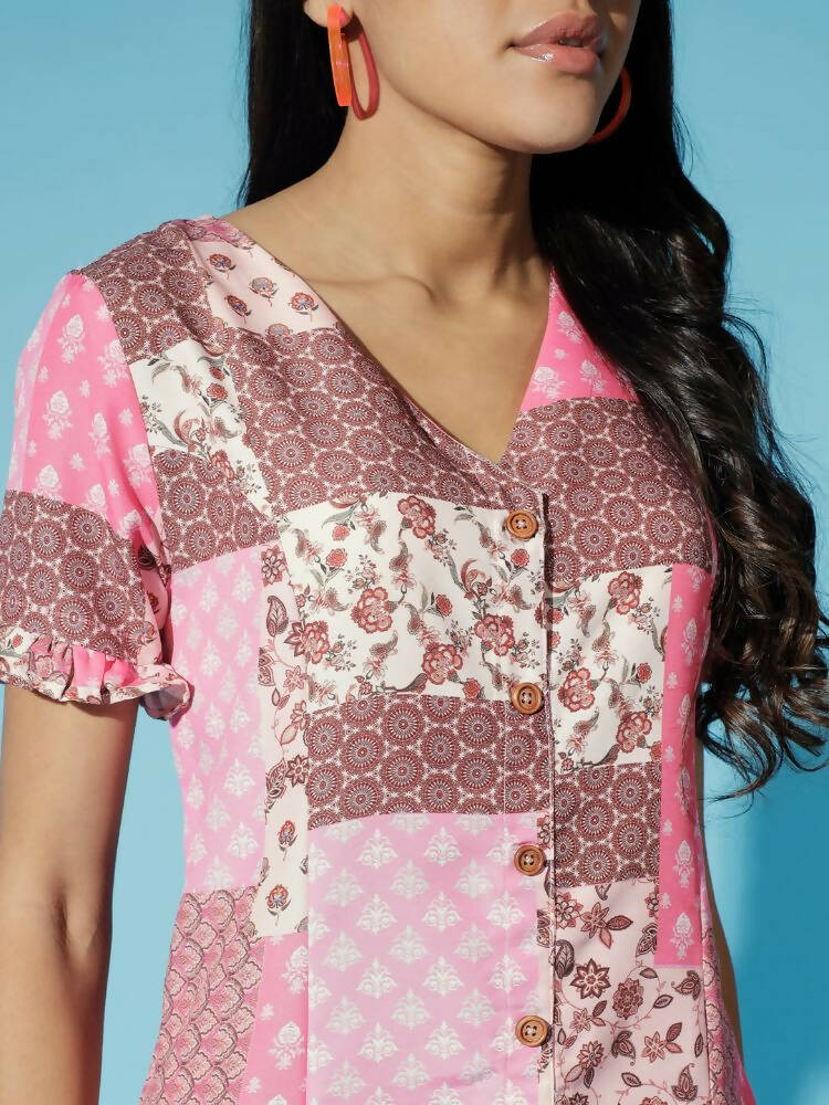 Myshka Women Multi Geometric Rayon A-Line V-Neck Dress | Grocsy