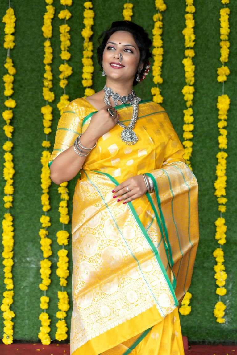 Jyoti Fashion Women's Yellow Soft Handloom Silk Zari Woven Saree with Blouse | Grocsy