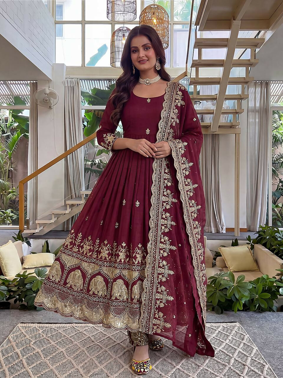 Teeya Creation New Trendy Stylish Wedding Wear Embroidered Anarkali Set - Maroon | Grocsy