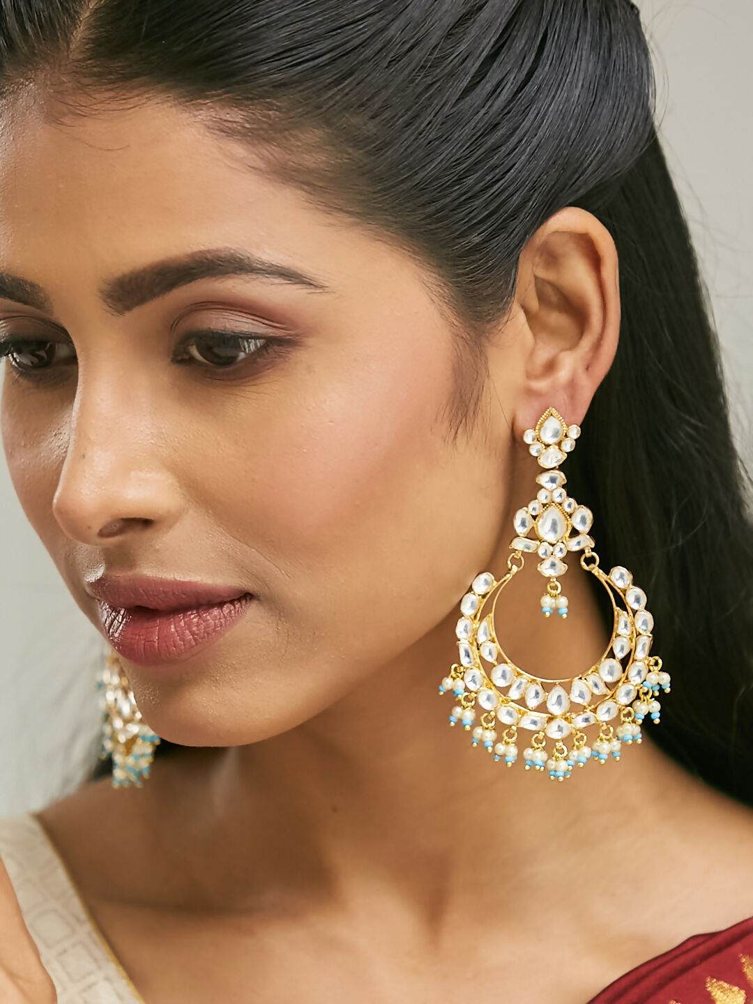 Nuyug 22K Gold-Plated Kundan Stone Studded & Pearl Beaded Chandbalis | Grocsy