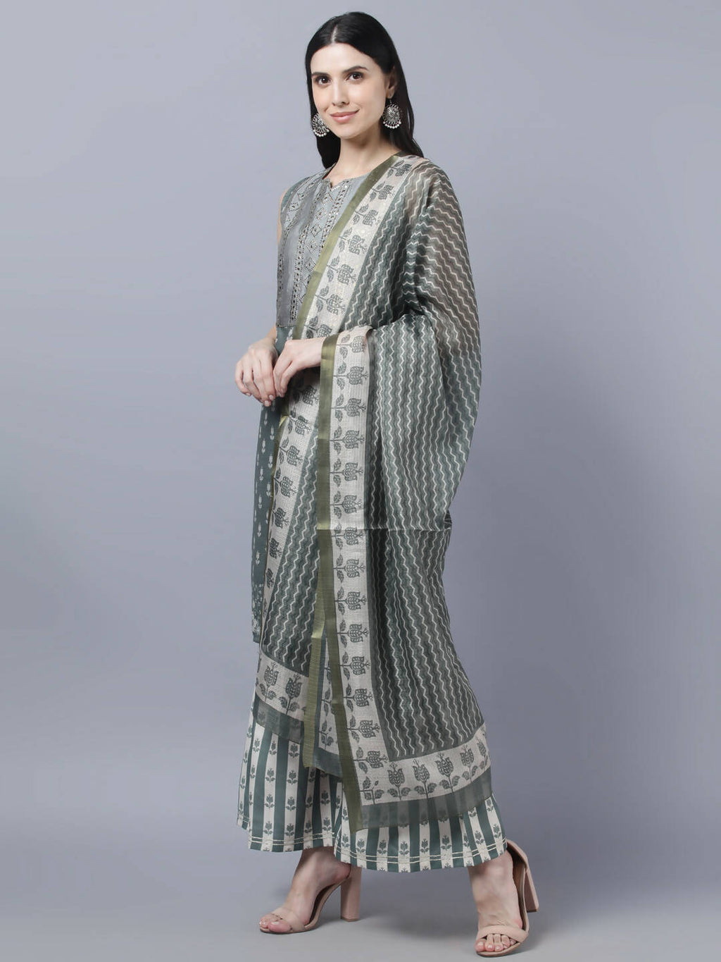 Myshka Women Grey Ethnic Motifs Printed Kurta with Shararas With Dupatta Set | Grocsy