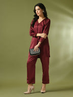 Myshka Women's Maroon Solid Satin V-Neck Party Tunic With Trousers Co-ord set | Grocsy