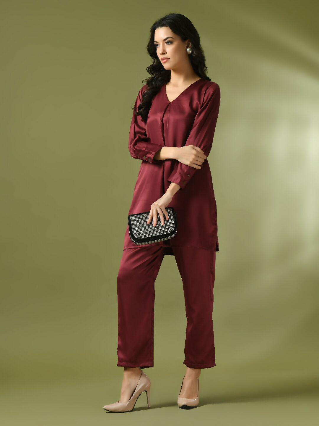 Myshka Women's Maroon Solid Satin V-Neck Party Tunic With Trousers Co-ord set | Grocsy