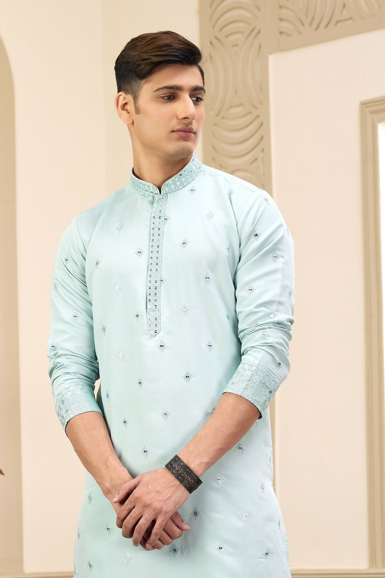 Raivat Ethnic Men's Art Silk Thread Work Kurta Pyjama In Pista Green Colour | Grocsy