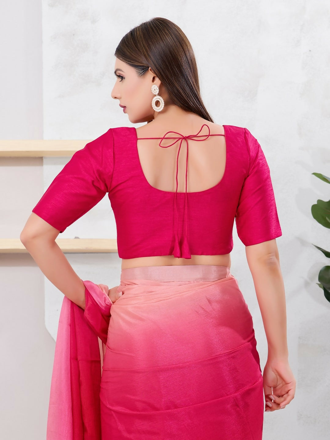 Joban Fashion Tomato-Pink Dupion Silk Elbow Sleeveless Front Open Blouse | Grocsy