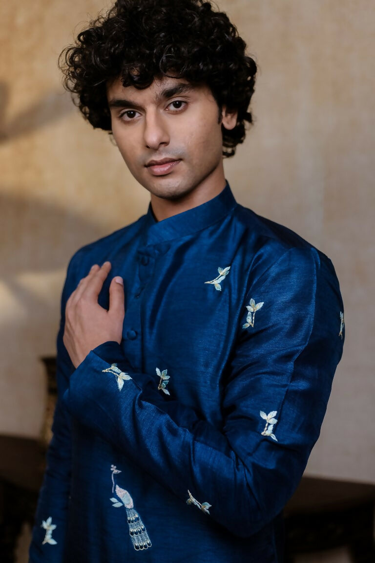 Falling Raw Silk Navy Blue Neel Mayura Kurta Set By Hilo Design | Grocsy