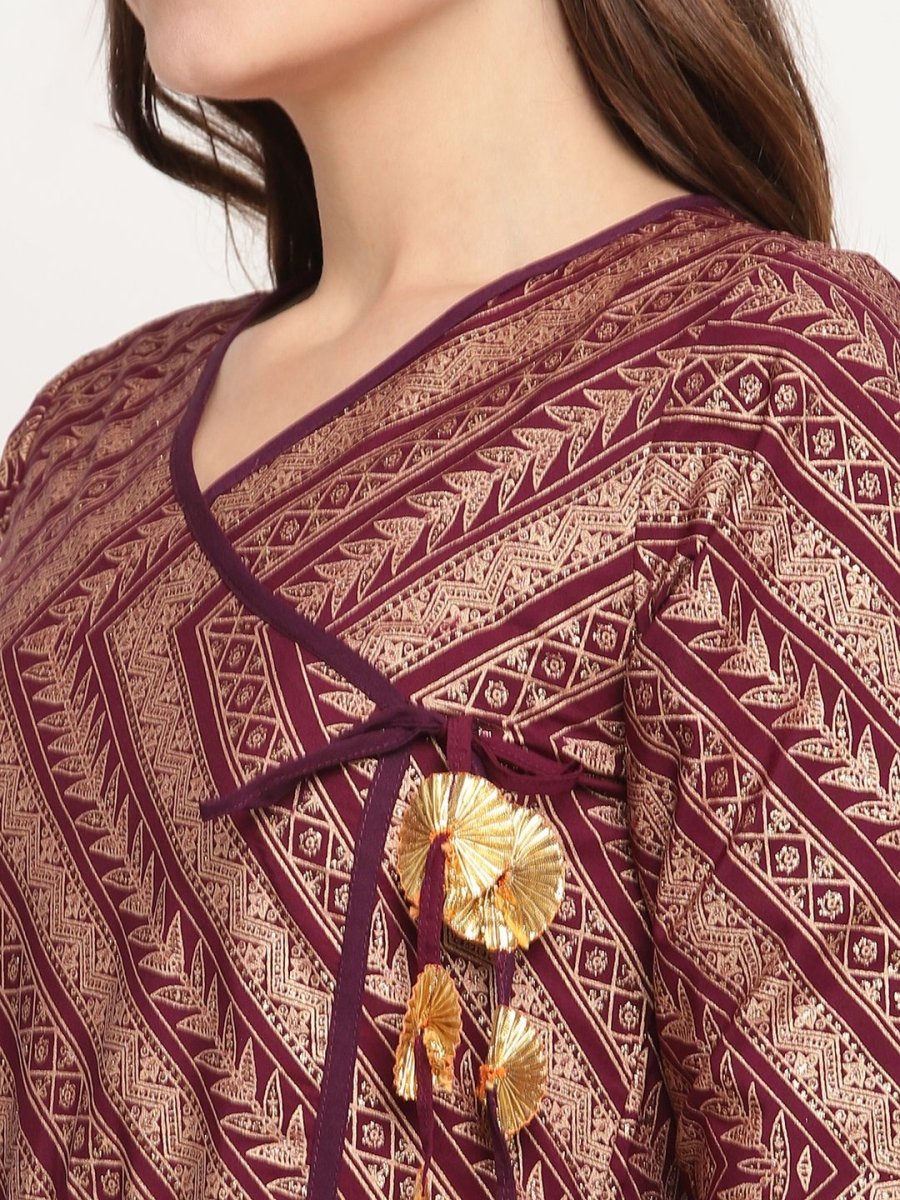 Ahalyaa Women Crepe Wine Colour Glitter Print Kurta | Grocsy