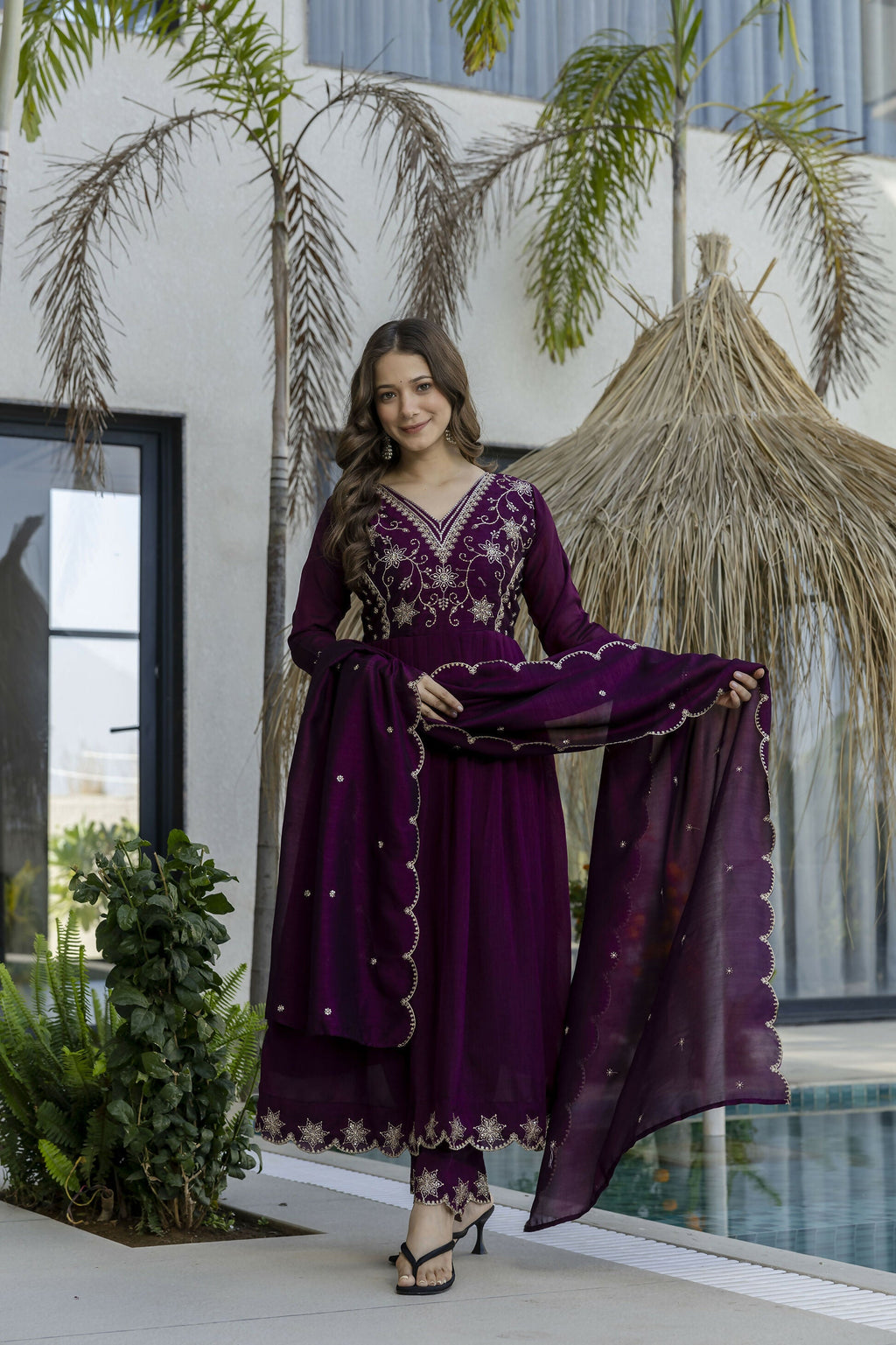 The52 Women's Beautiful Embroidery Work Vichitra Silk Fabric Flared Anarkali Pant and Dupatta Set | Grocsy